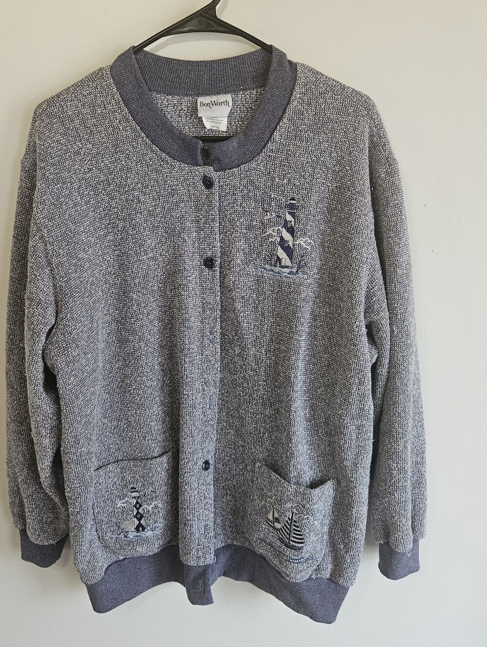 BonWorth Vintage Nautical Lighthouse Button Up Cardigan Jacket Women's L Pe
